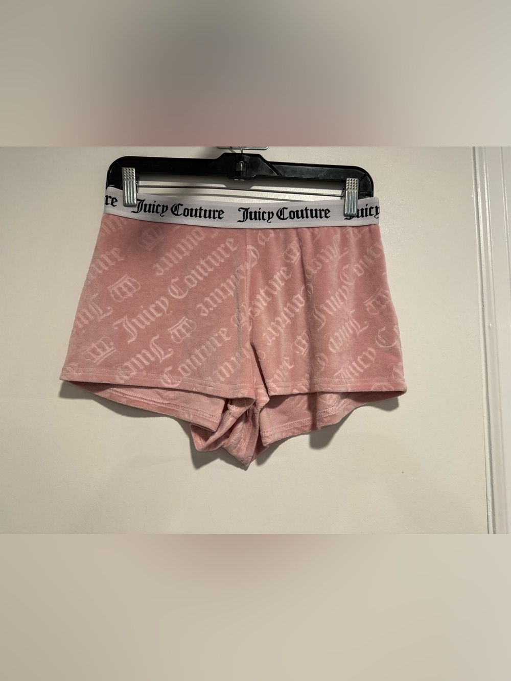 Juicy Couture Y2K pink velour booty shorts AOP embossed logo McBling loungewear